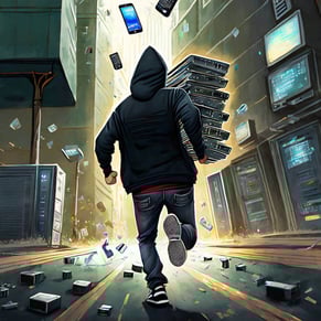 A hacker wearing a black hoody is pictured running away with servers, cellphones and computers.