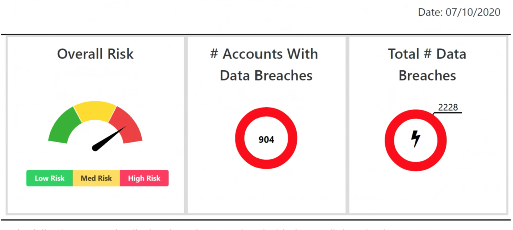 Detailed report shows dark web risk score in colorful dials.